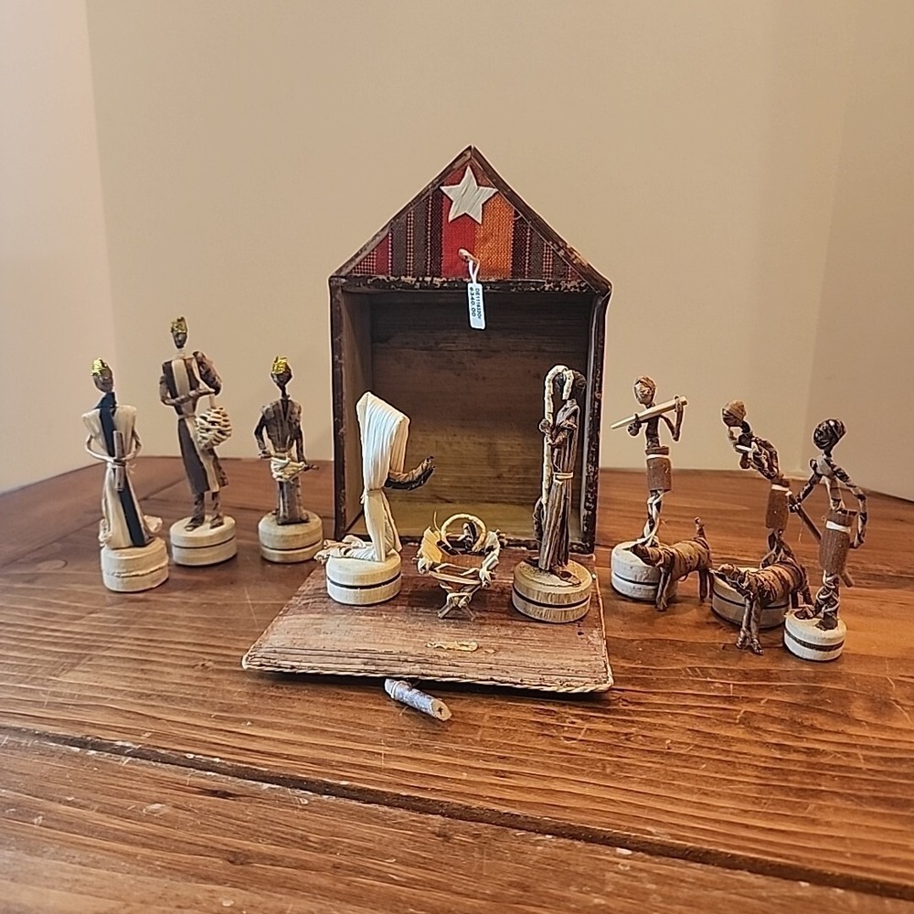 African Christmas Nativity Scene Banana Fiber Wood Unique Holiday Display Tribal